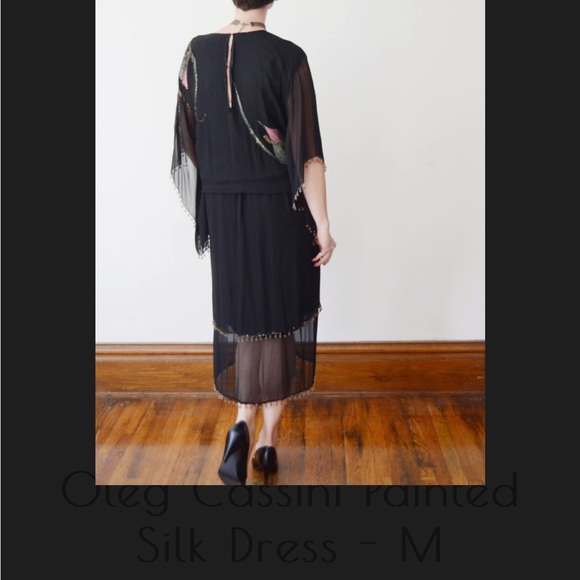 Vintage Oleg Cassini evening silk beaded painted rare dress gown batwing black - Picture 13 of 13